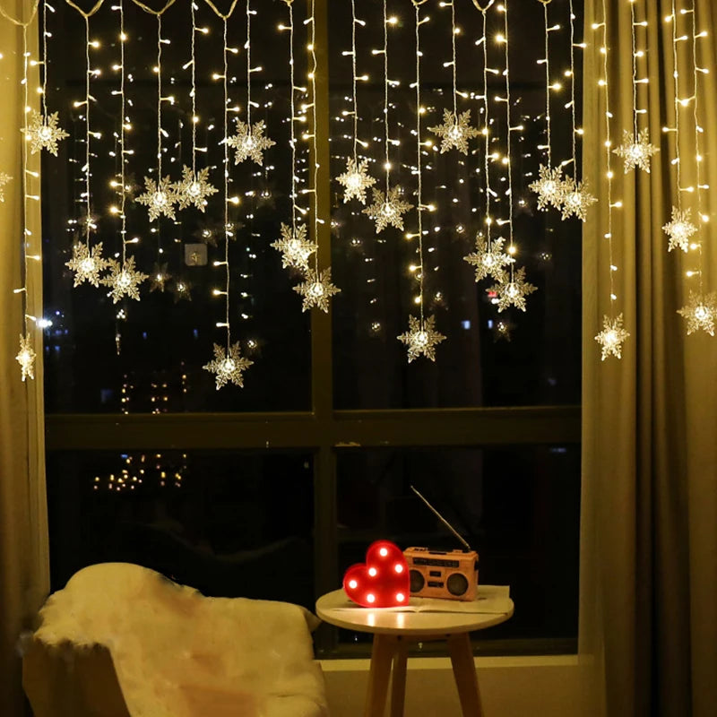 Cortina de Natal com Luzes LED Floco de Neve